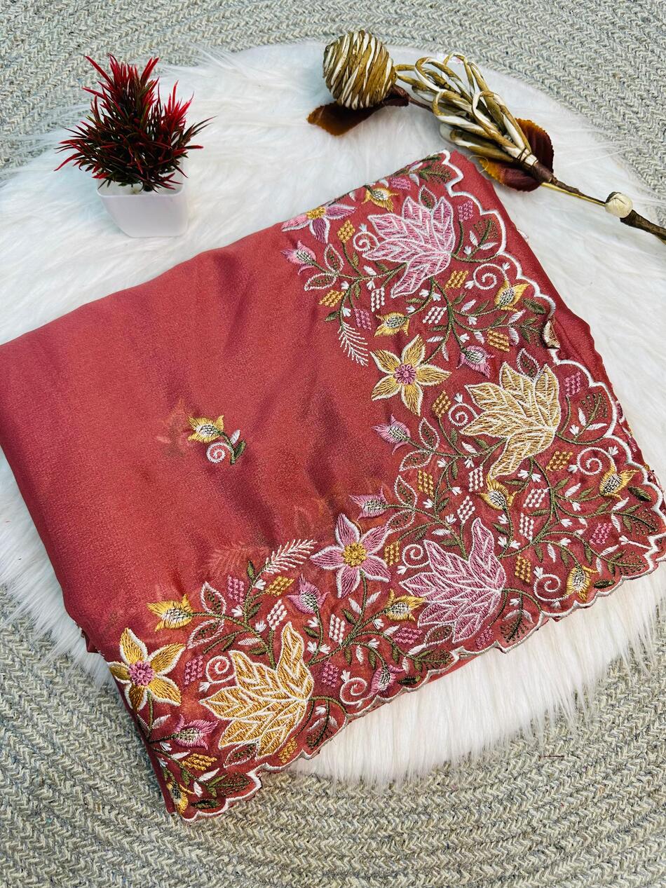 Extraordinary Pink Embroidery Work Georgette Saree With Angelic Blouse Piece