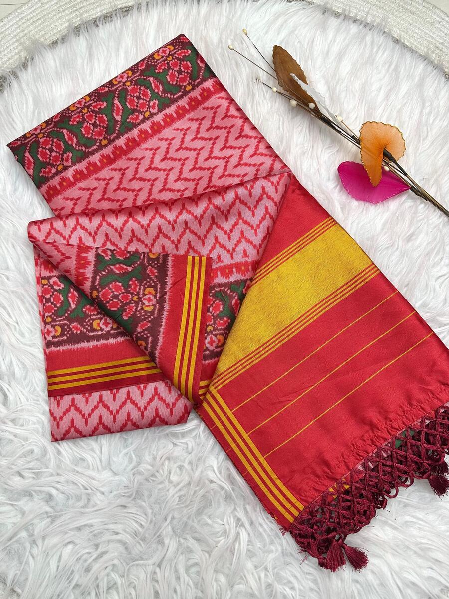 Unequalled Pink Ikkat Printed Patola Silk Saree With Panoply Blouse Piece