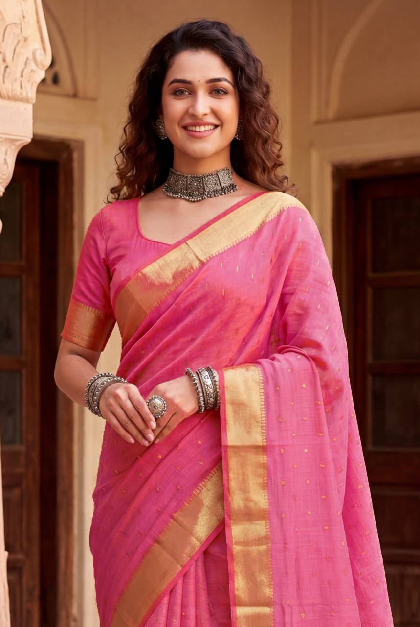 Intricate Pink Zari Weaving Linen Silk Saree With Improbable Blouse Piece