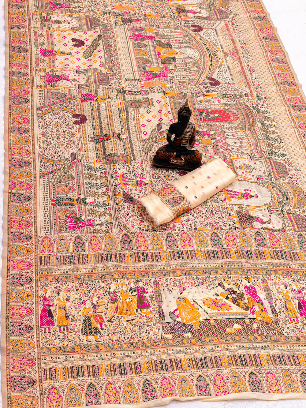 Ornate Beige Dola Pashmina Saree With Prominent Blouse Piece