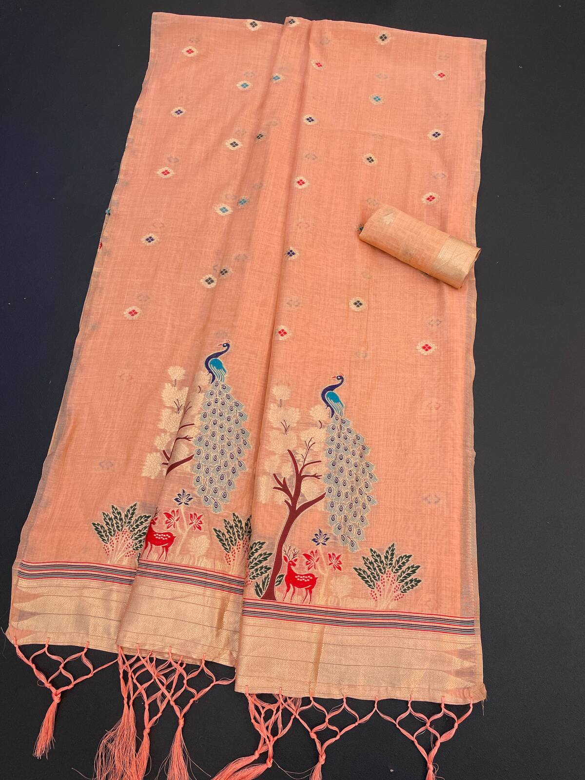Moiety Peach Pure Munga Cotton Silk Saree With Enigmatic Blouse Piece