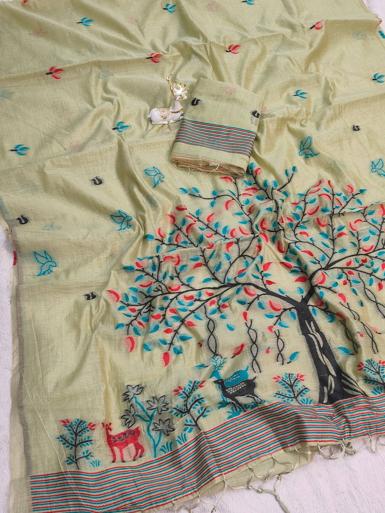 Fantabulous Pista Pure Munga Cotton Silk Saree With Marvellous Blouse Piece