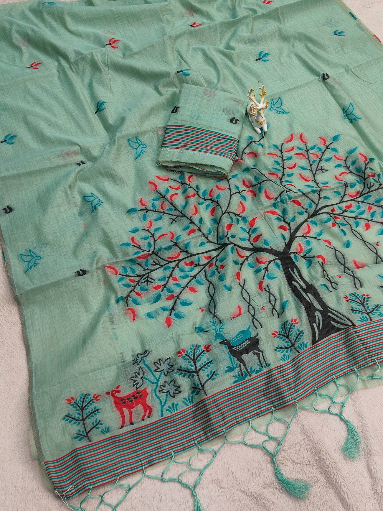 Diaphanous Turquoise Pure Munga Cotton Silk Saree With Glamorous Blouse Piece