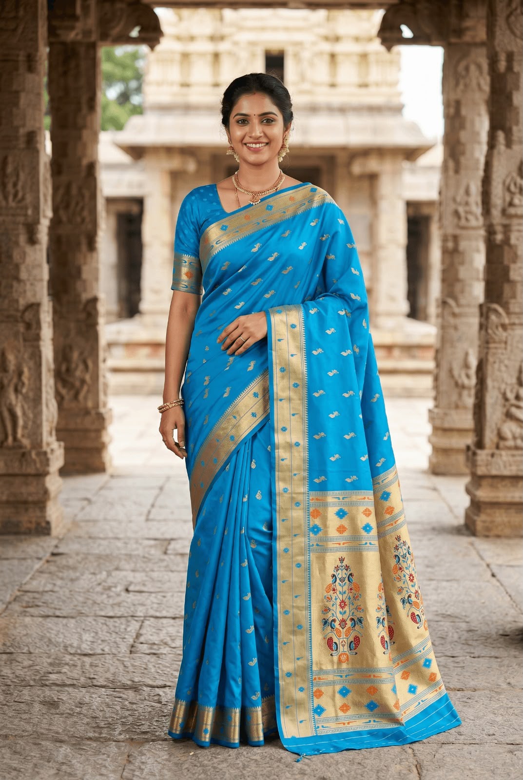 Moiety Firozi Paithani Silk Saree With Incomparable Blouse Piece
