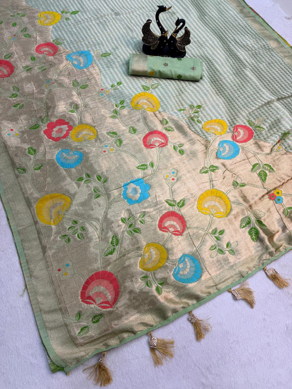 Evocative Sea Green Banarasi Khadi Silk Saree With Elaborate Blouse Piece