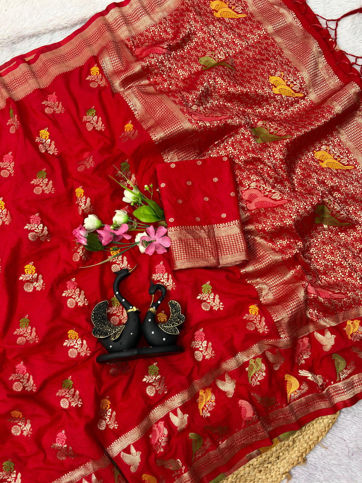 Tremendous Red Banarasi Khadi Silk Saree With Vibrant Blouse Piece