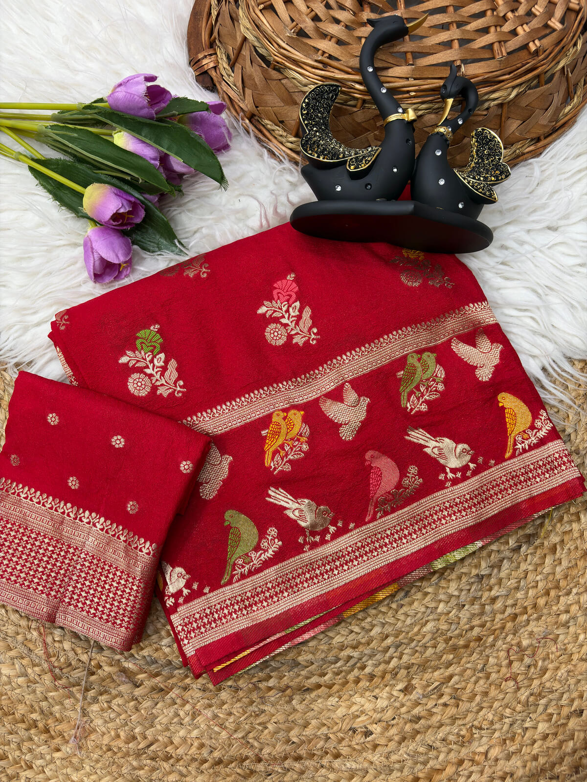 Tremendous Red Banarasi Khadi Silk Saree With Vibrant Blouse Piece