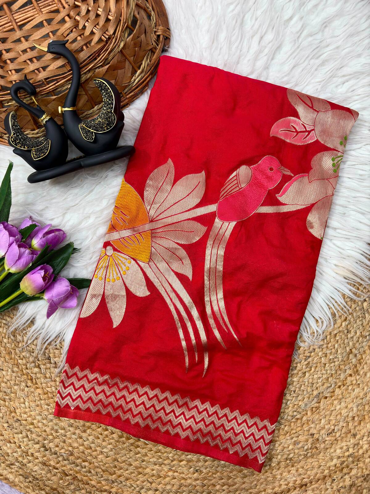 Demesne Red Banarasi Khadi Silk Saree With Flameboyant Blouse Piece