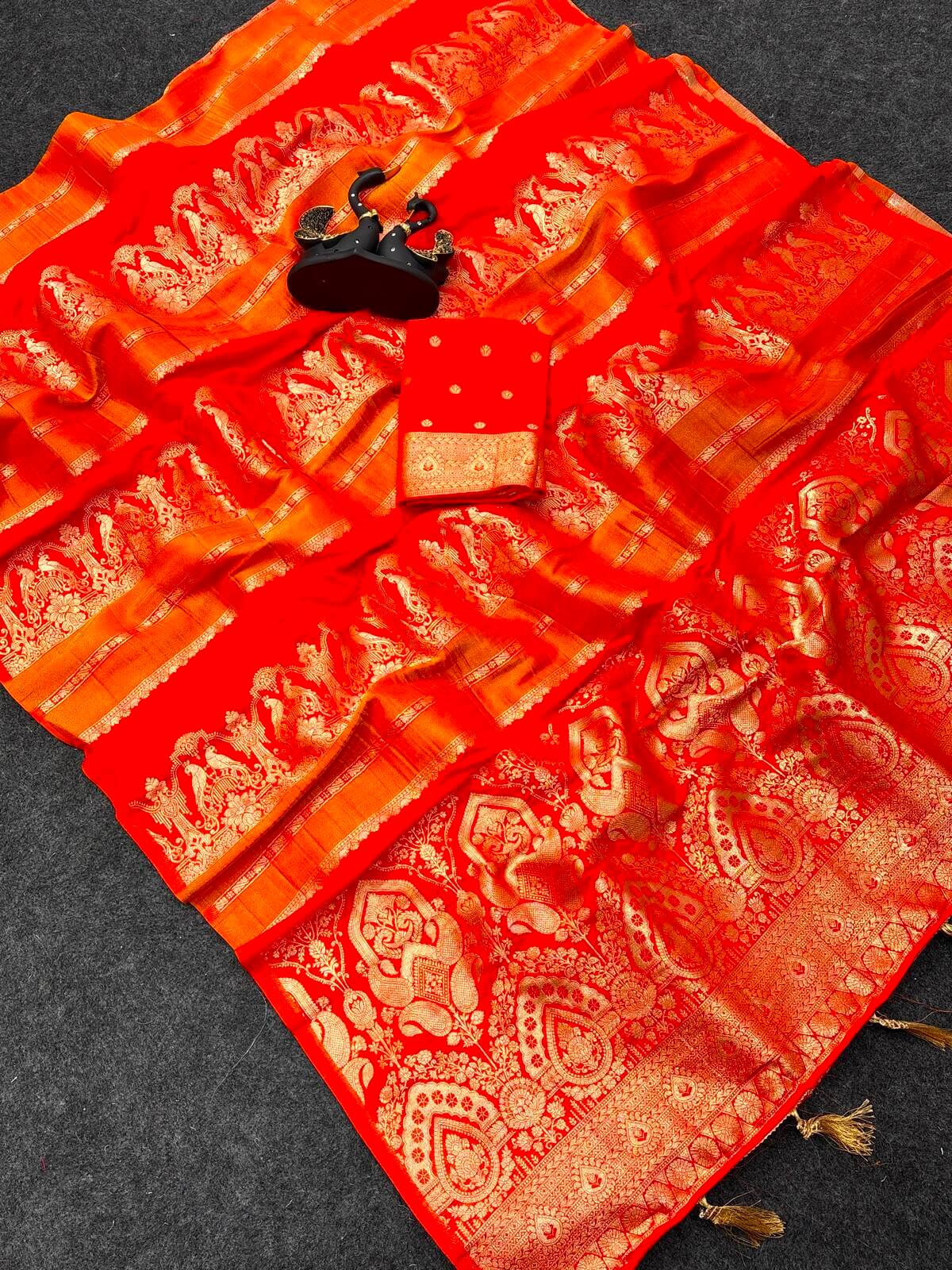 Gratifying Orange Banarasi Khadi Silk Saree With Pretty Blouse Piece