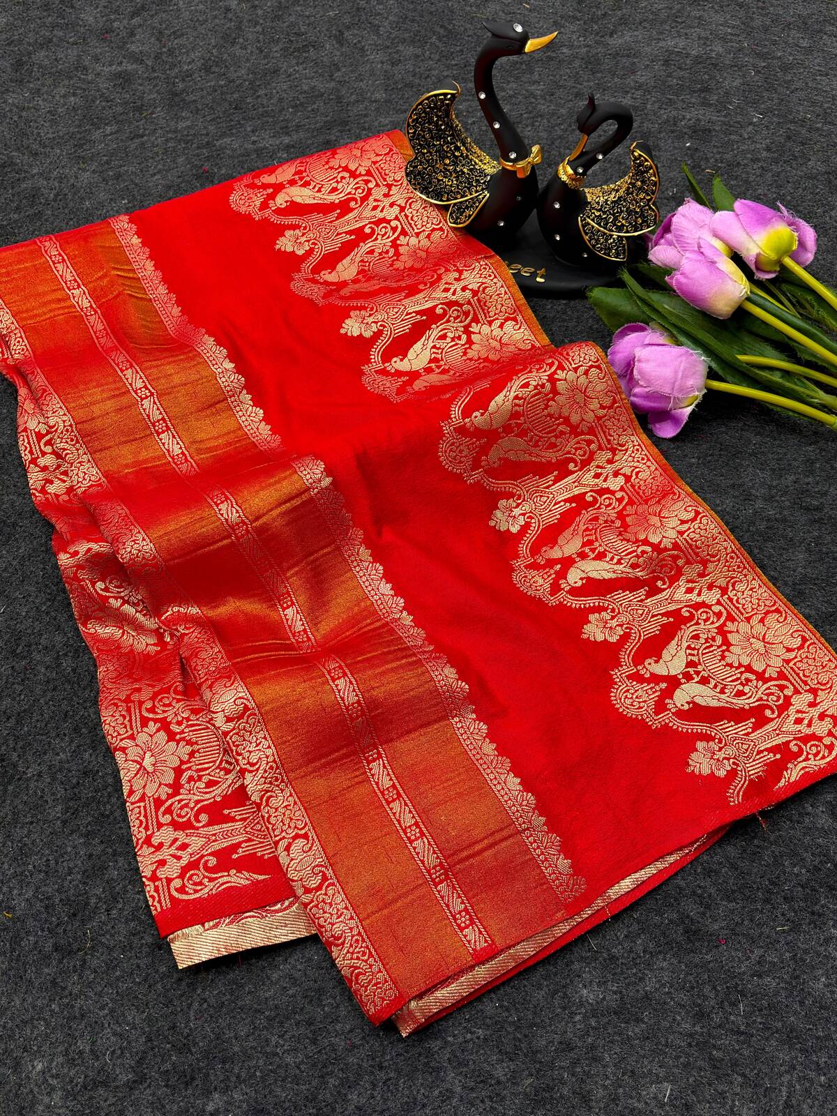 Fragrant Red Banarasi Khadi Silk Saree With Ornate Blouse Piece