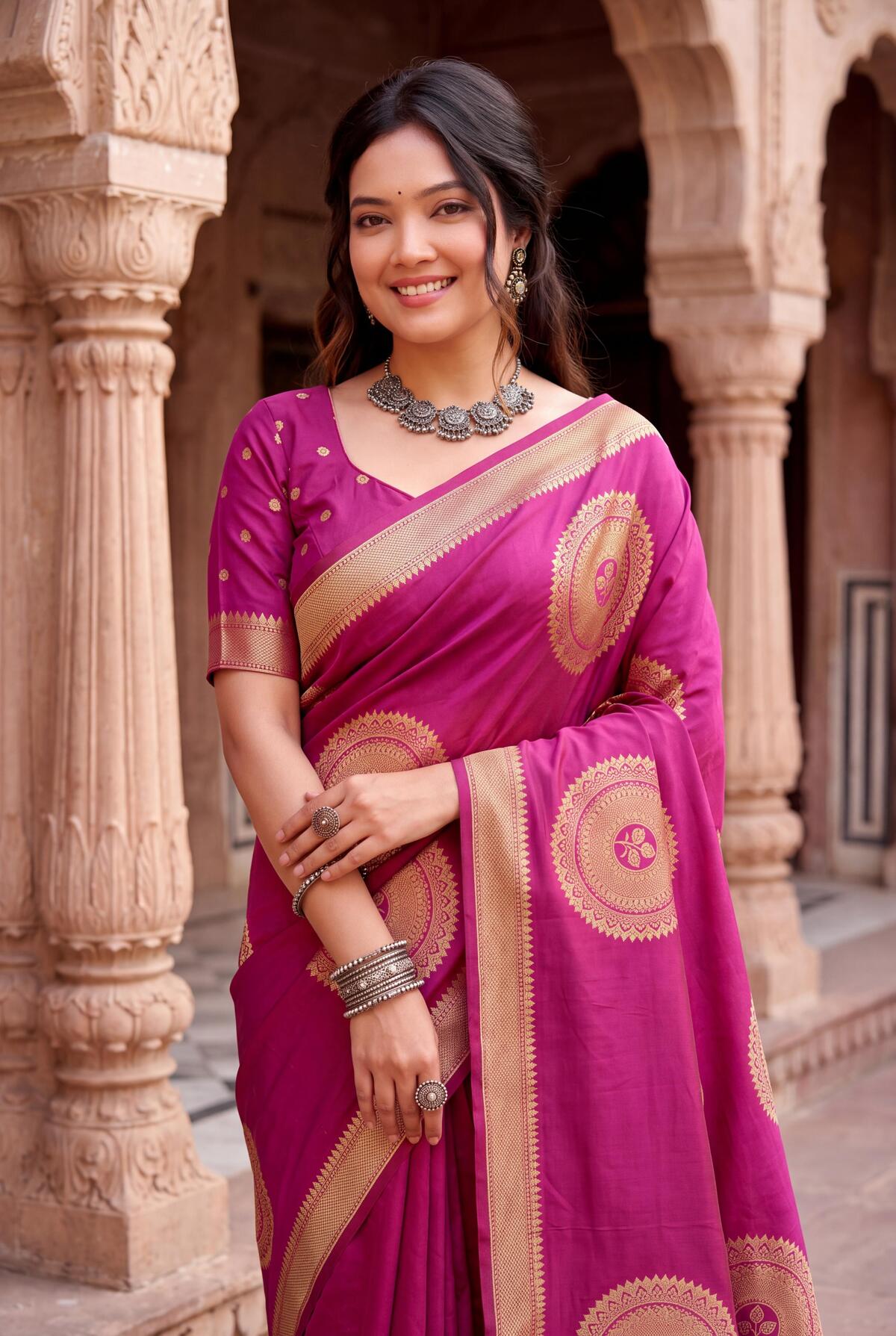 Grandiose Dark Pink Banarasi Khadi Silk Saree With Verdant Blouse Piece