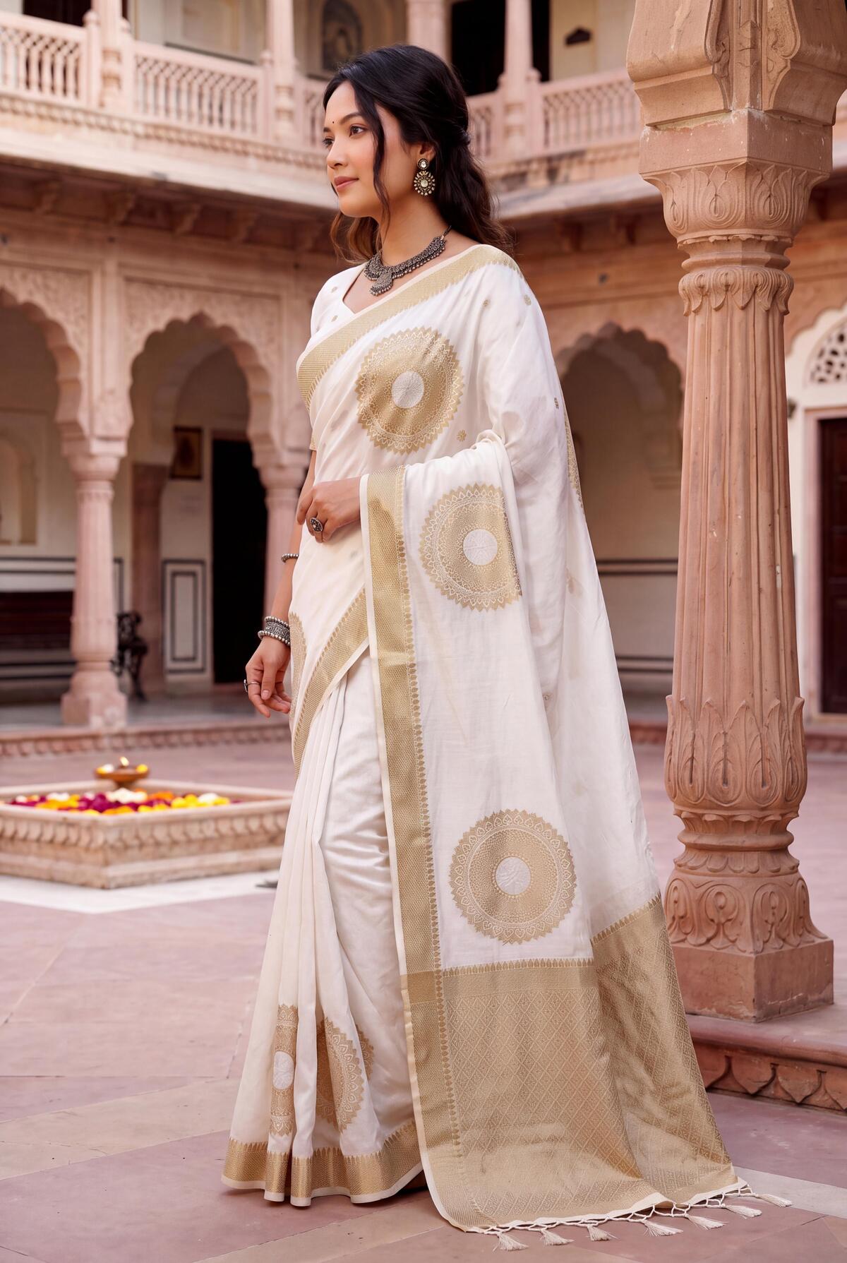 Scrumptious Off White Banarasi Khadi Silk Saree With Scrupulous Blouse Piece