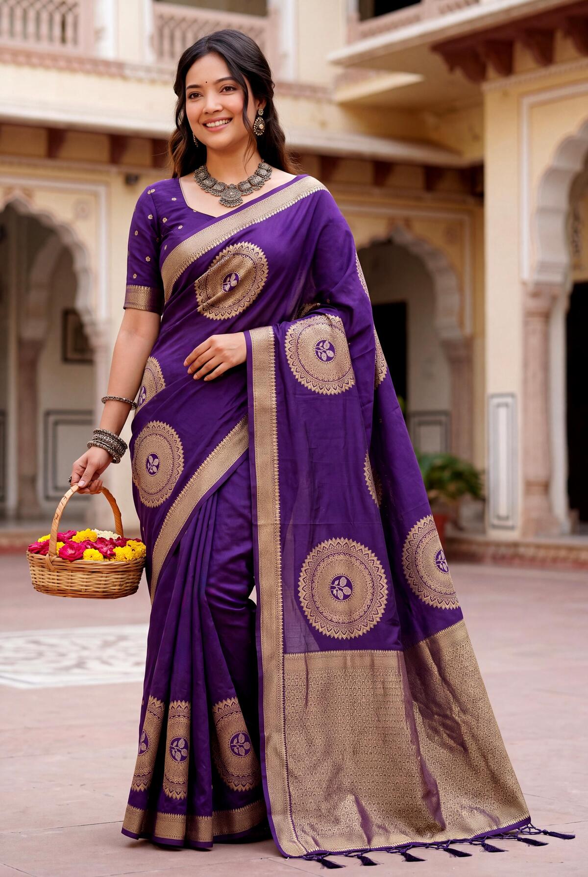 Precious Purple Banarasi Khadi Silk Saree With Radiant Blouse Piece