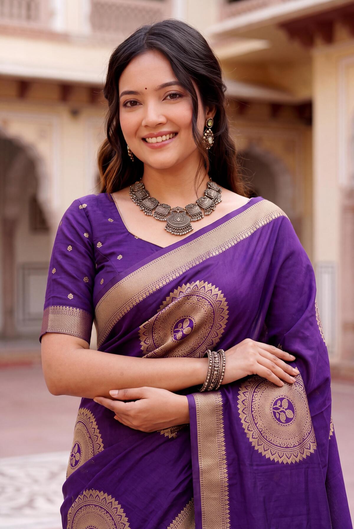 Precious Purple Banarasi Khadi Silk Saree With Radiant Blouse Piece