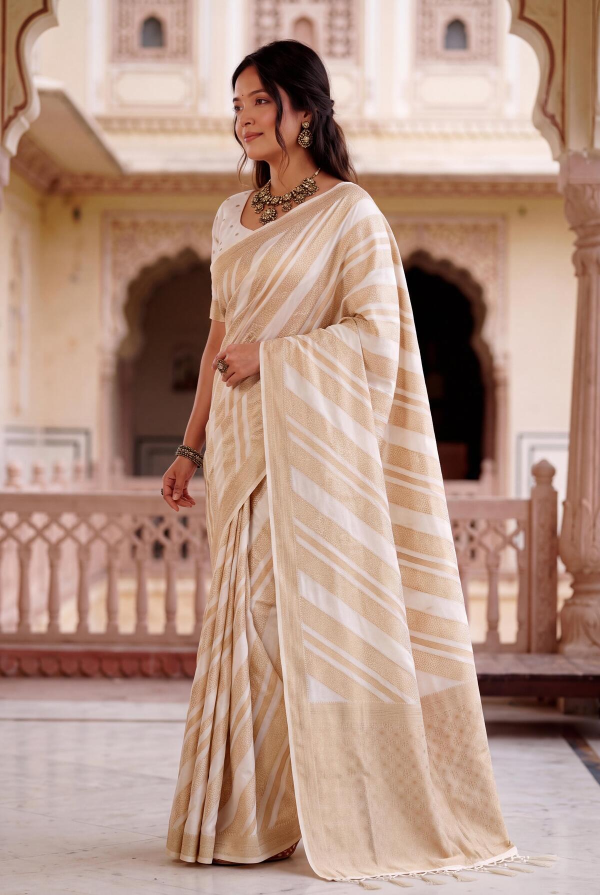 Vivacious Off White Banarasi Khadi Silk Saree With Alluring Blouse Piece