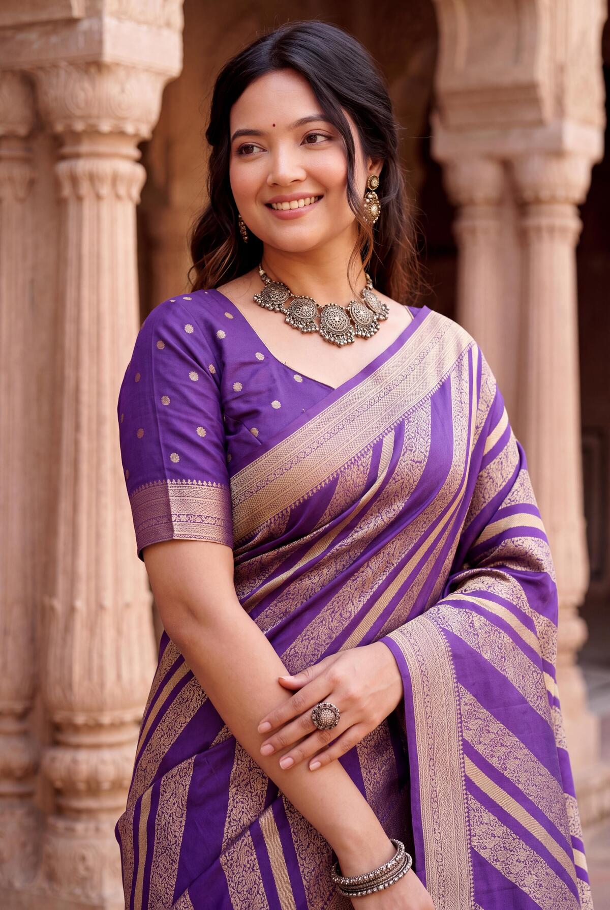 Unique Purple Banarasi Khadi Silk Saree With Eloquence Blouse Piece