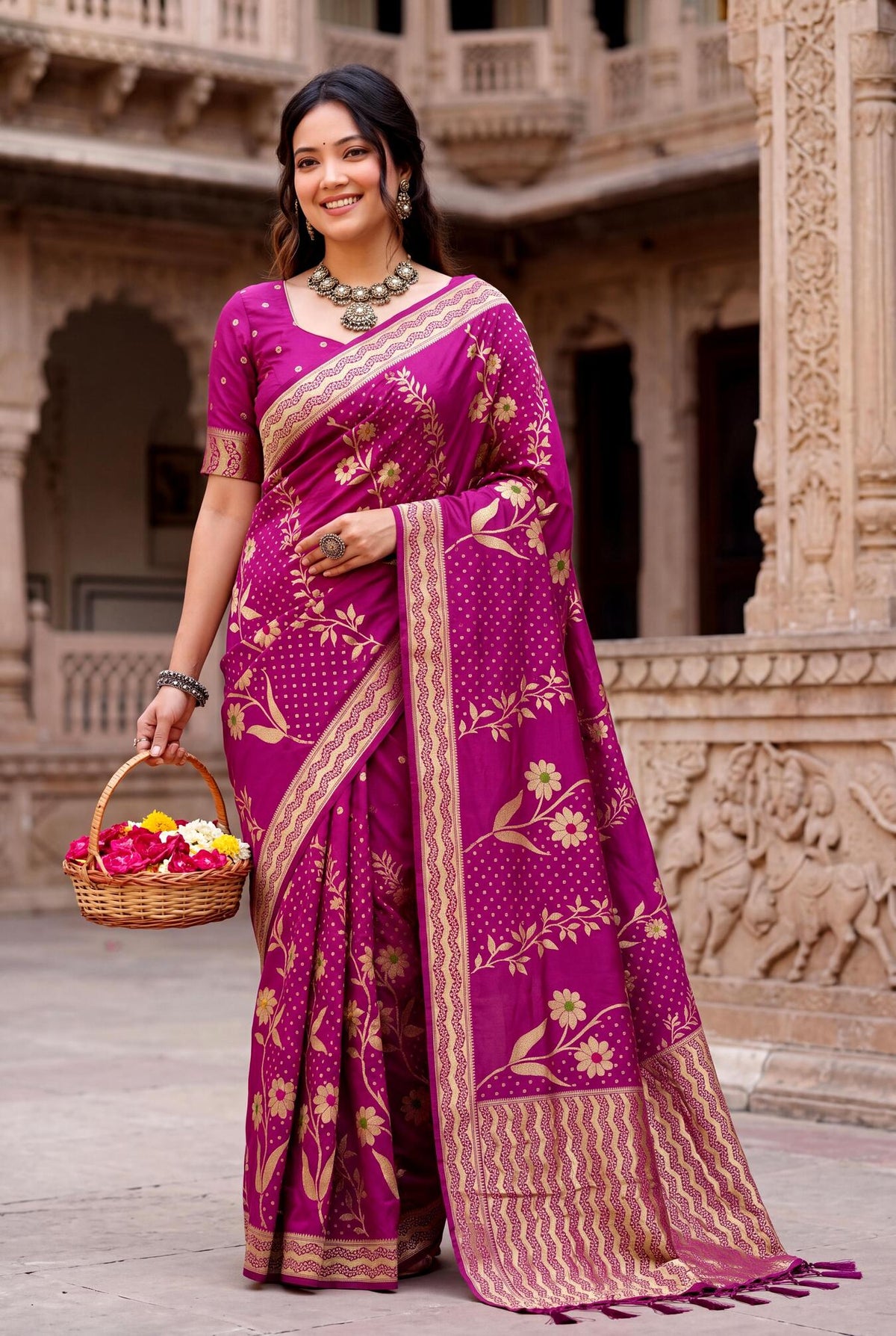 Ratatouille Dark Pink Banarasi Khadi Silk Saree With Outstanding Blouse Piece