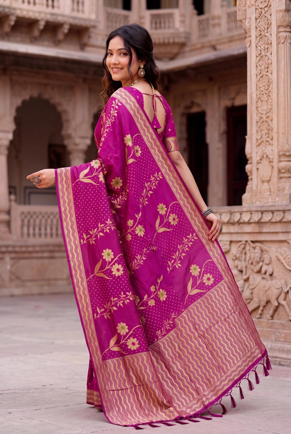 Ratatouille Dark Pink Banarasi Khadi Silk Saree With Outstanding Blouse Piece