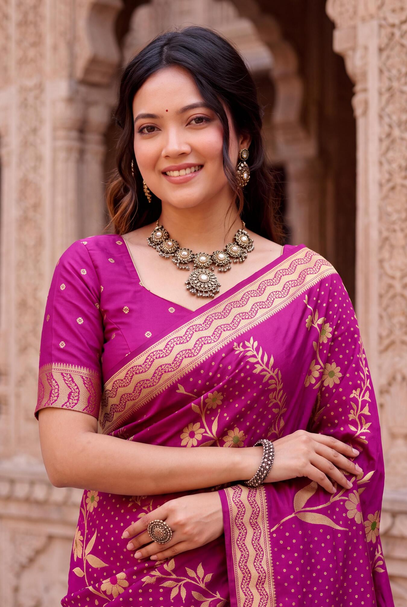 Ratatouille Dark Pink Banarasi Khadi Silk Saree With Outstanding Blouse Piece