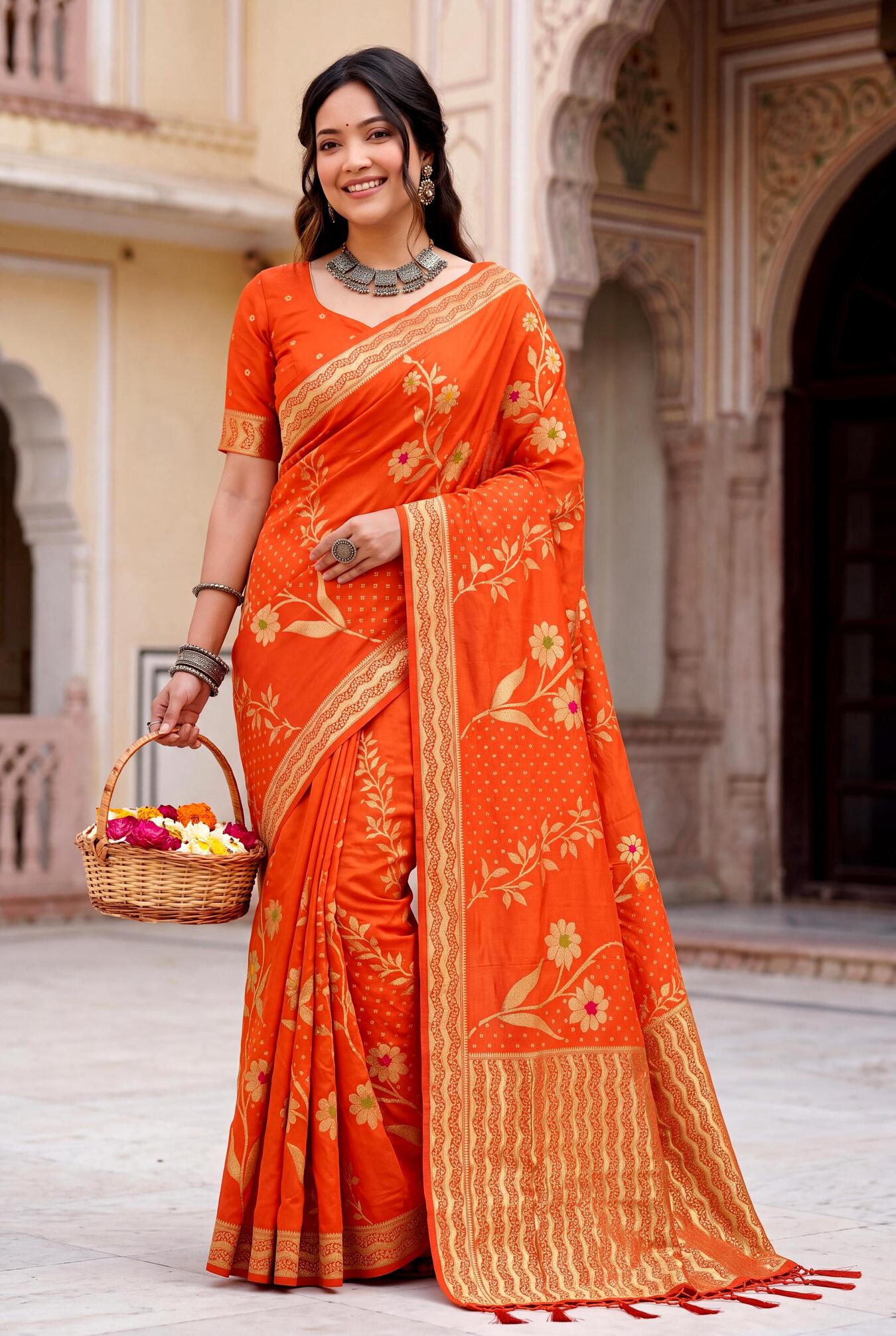 Imbrication Orange Banarasi Khadi Silk Saree With Rhapsodic Blouse Piece