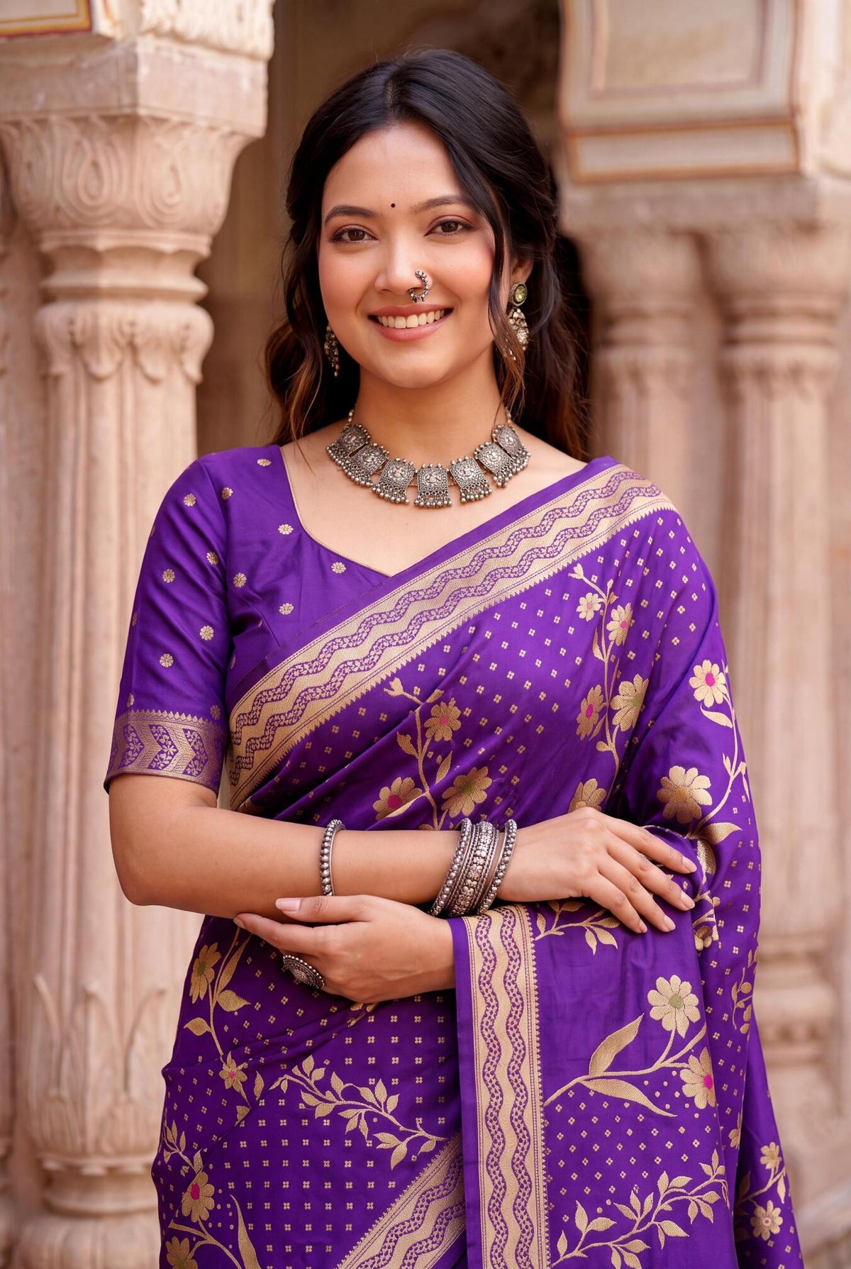 Cynosure Purple Banarasi Khadi Silk Saree With Scintillating Blouse Piece