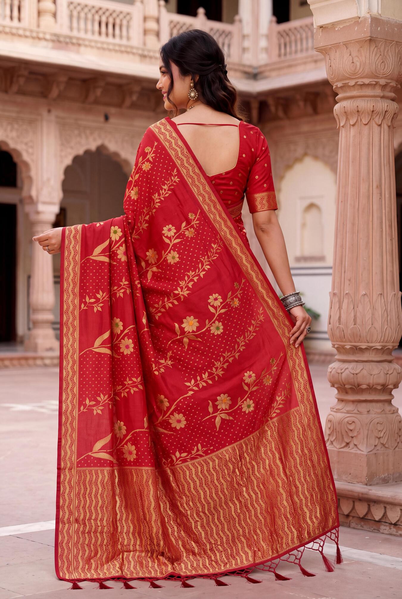 Exceptional Red Banarasi Khadi Silk Saree With Pleasant Blouse Piece