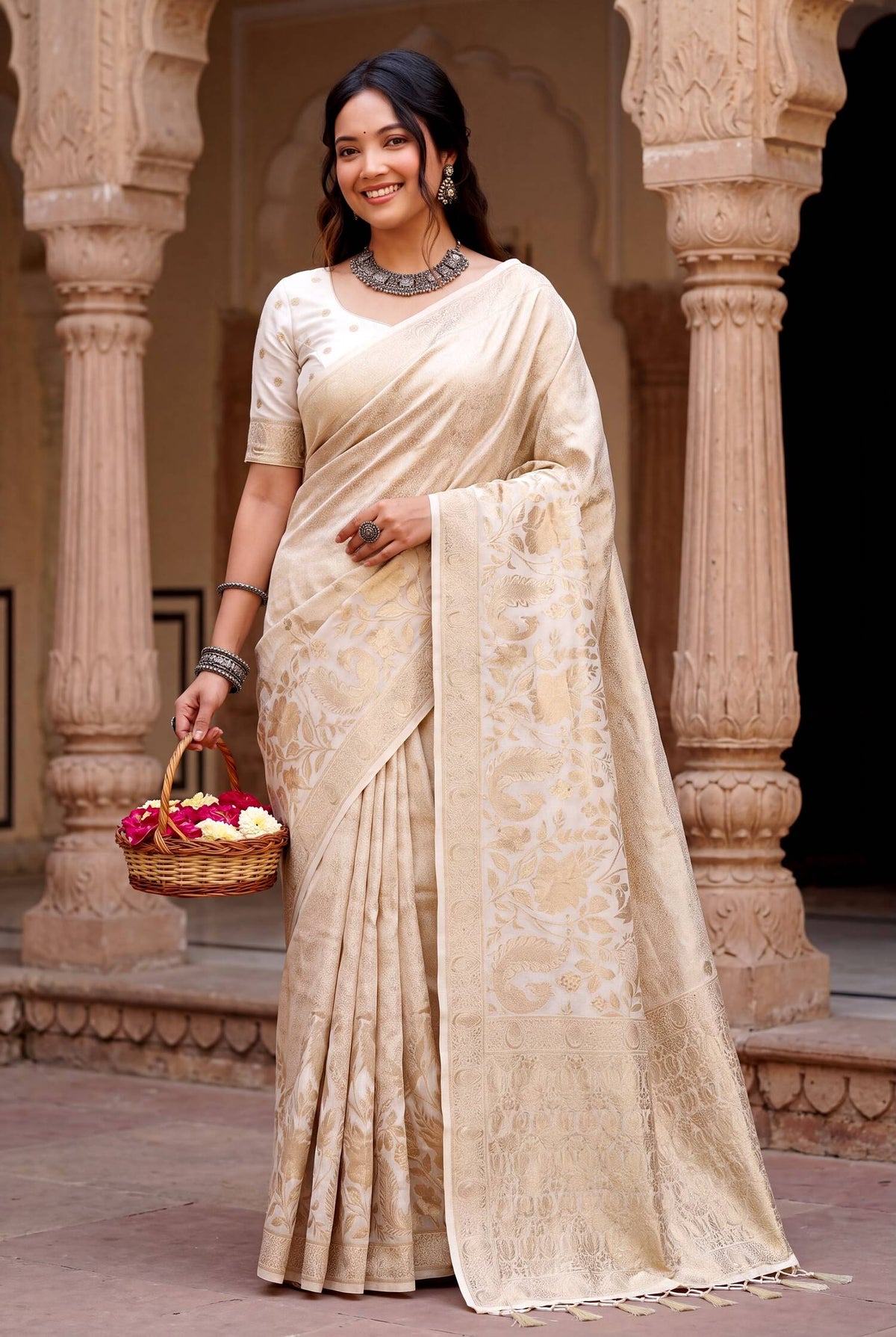 Angelic Off White Khadi Georgette Banarasi Silk Saree With Serendipity Blouse Piece