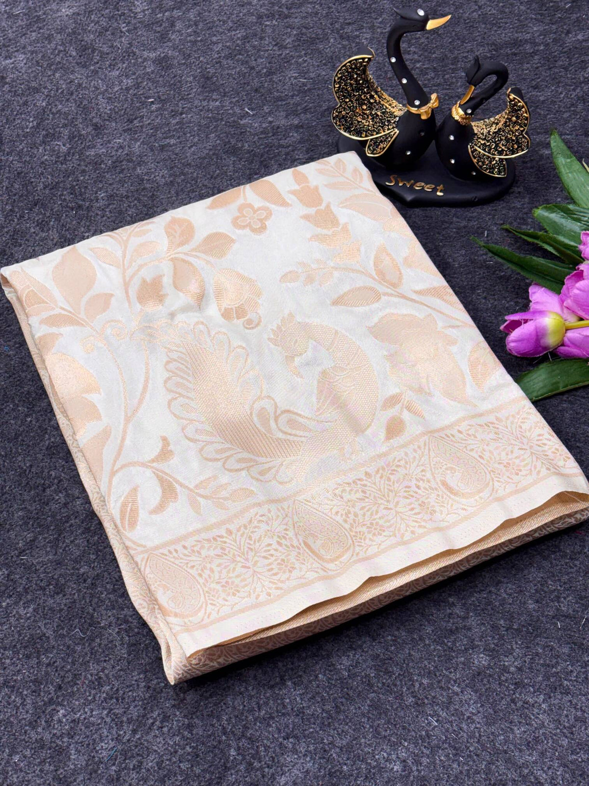 Angelic Off White Khadi Georgette Banarasi Silk Saree With Serendipity Blouse Piece
