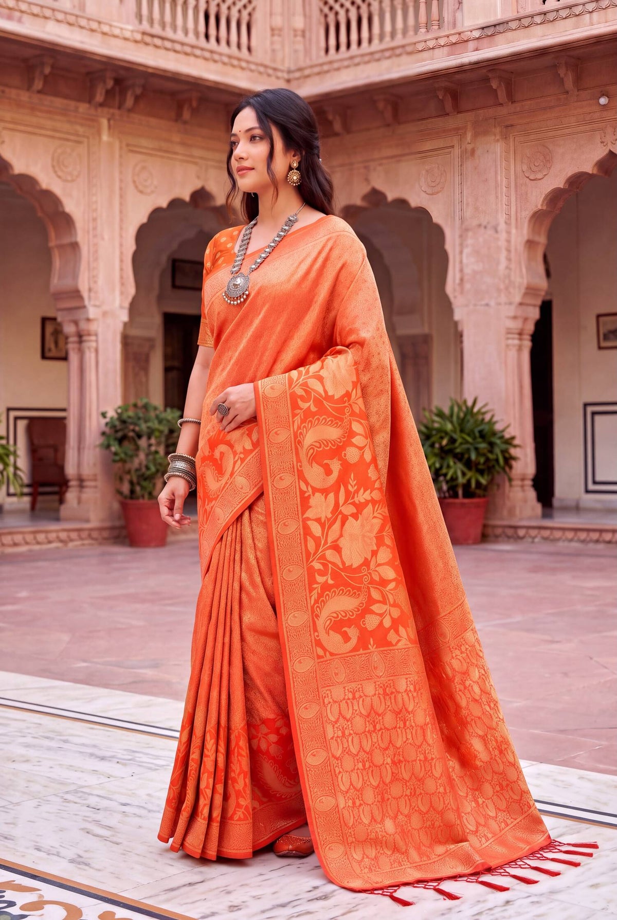 Ravishing Orange Khadi Georgette Banarasi Silk Saree With Propinquity Blouse Piece