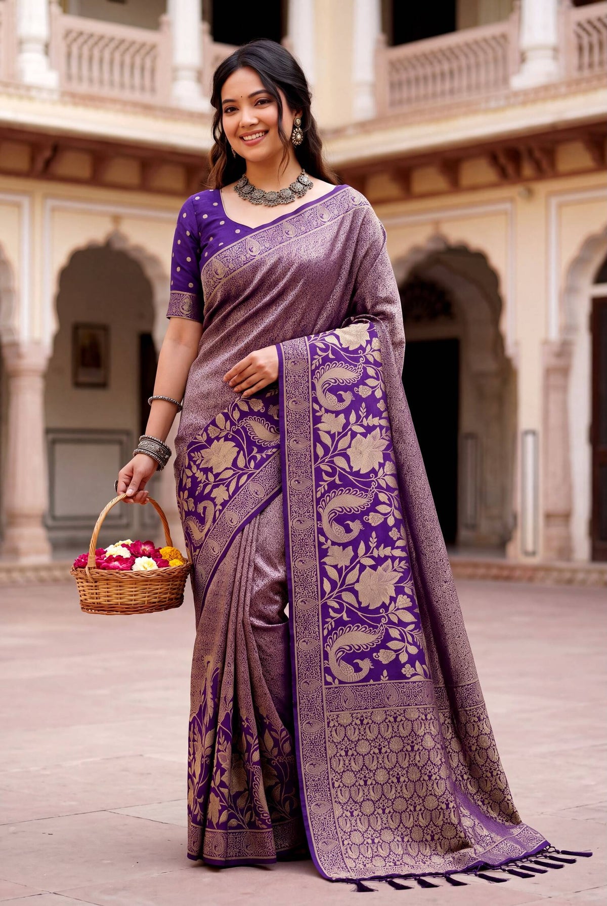 Mesmeric Purple Khadi Georgette Banarasi Silk Saree With Transcendent Blouse Piece
