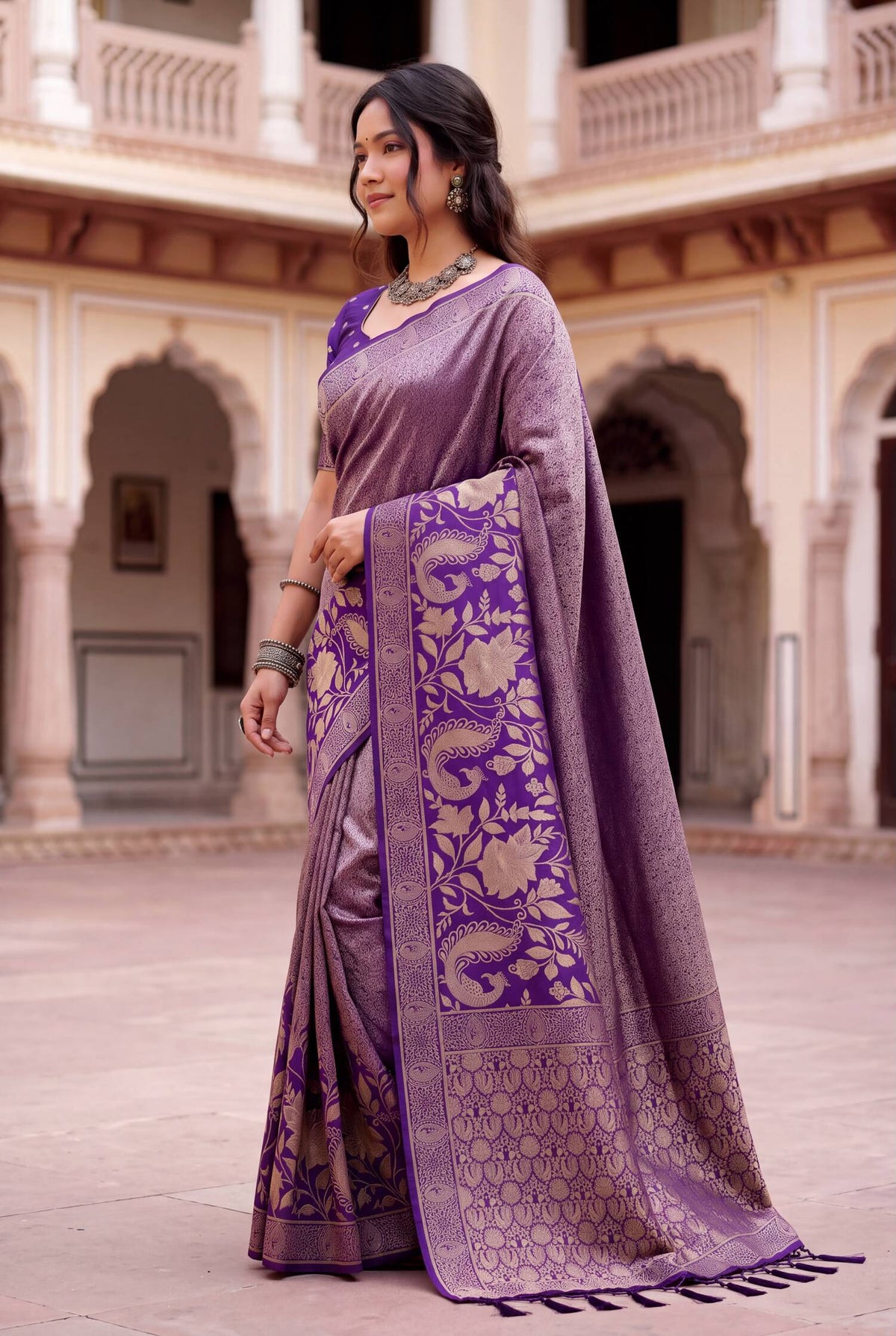 Mesmeric Purple Khadi Georgette Banarasi Silk Saree With Transcendent Blouse Piece
