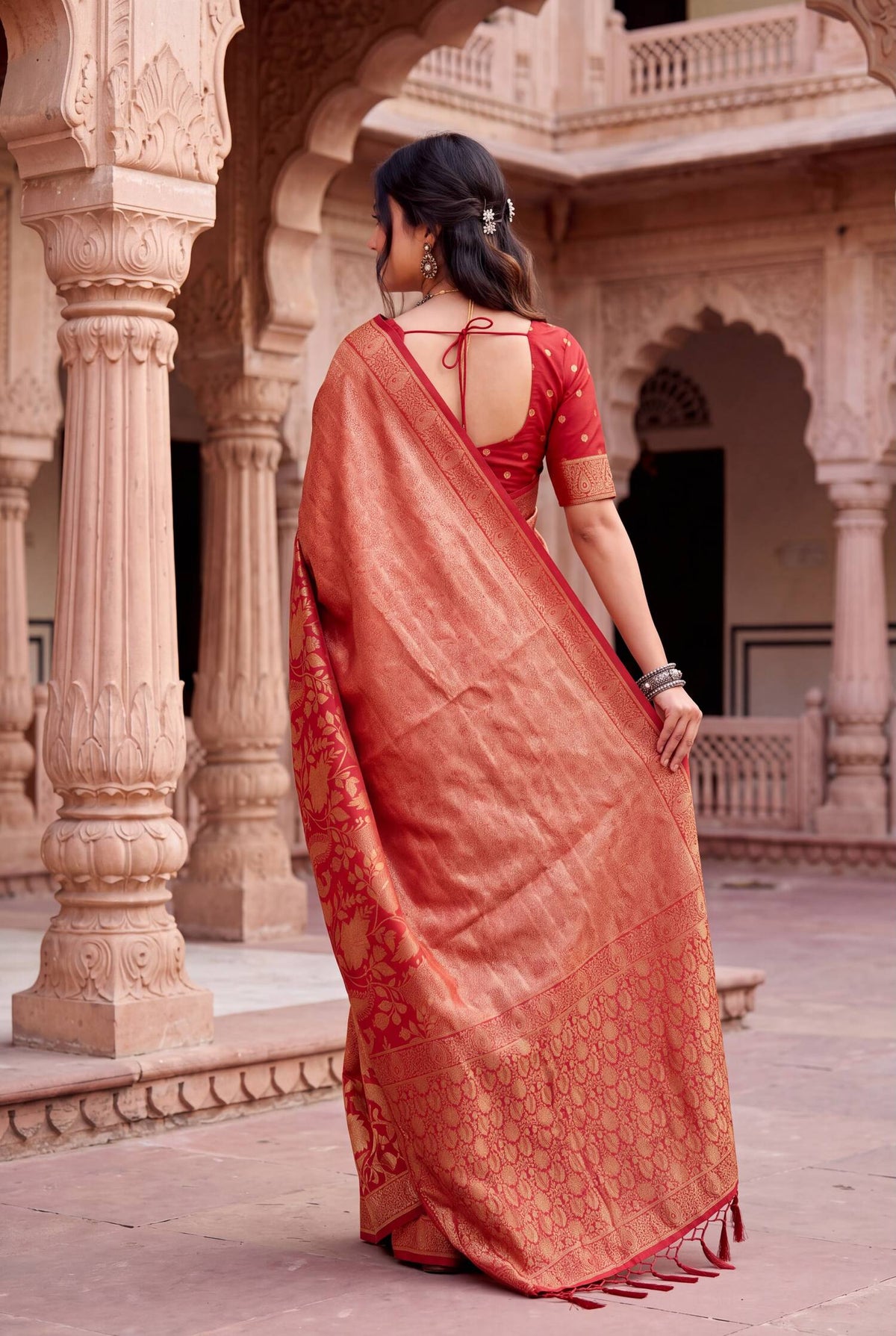 Desultory Red Khadi Georgette Banarasi Silk Saree With Panache Blouse Piece