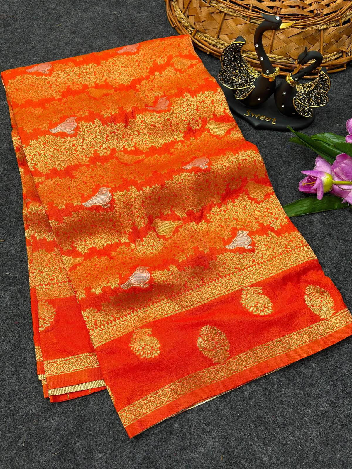 Incredible Orange Khadi Georgette Banarasi Silk Saree With Resonant Blouse Piece
