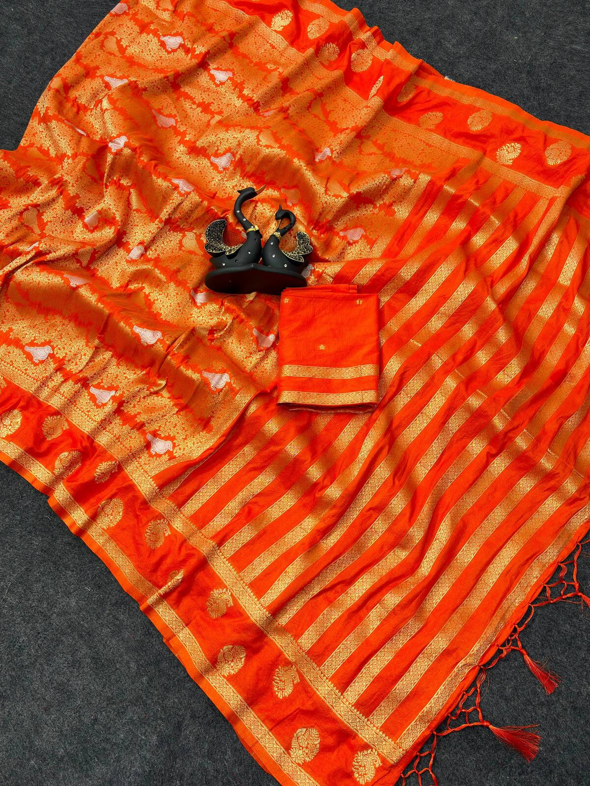 Incredible Orange Khadi Georgette Banarasi Silk Saree With Resonant Blouse Piece