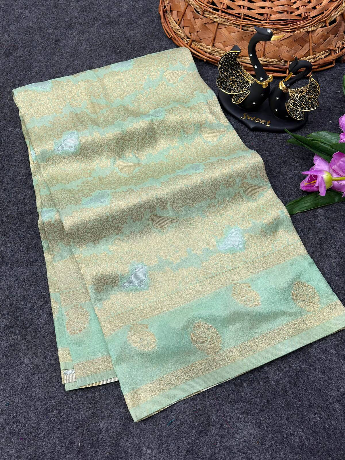 Sizzling Pista Khadi Georgette Banarasi Silk Saree With Evanescent Blouse Piece