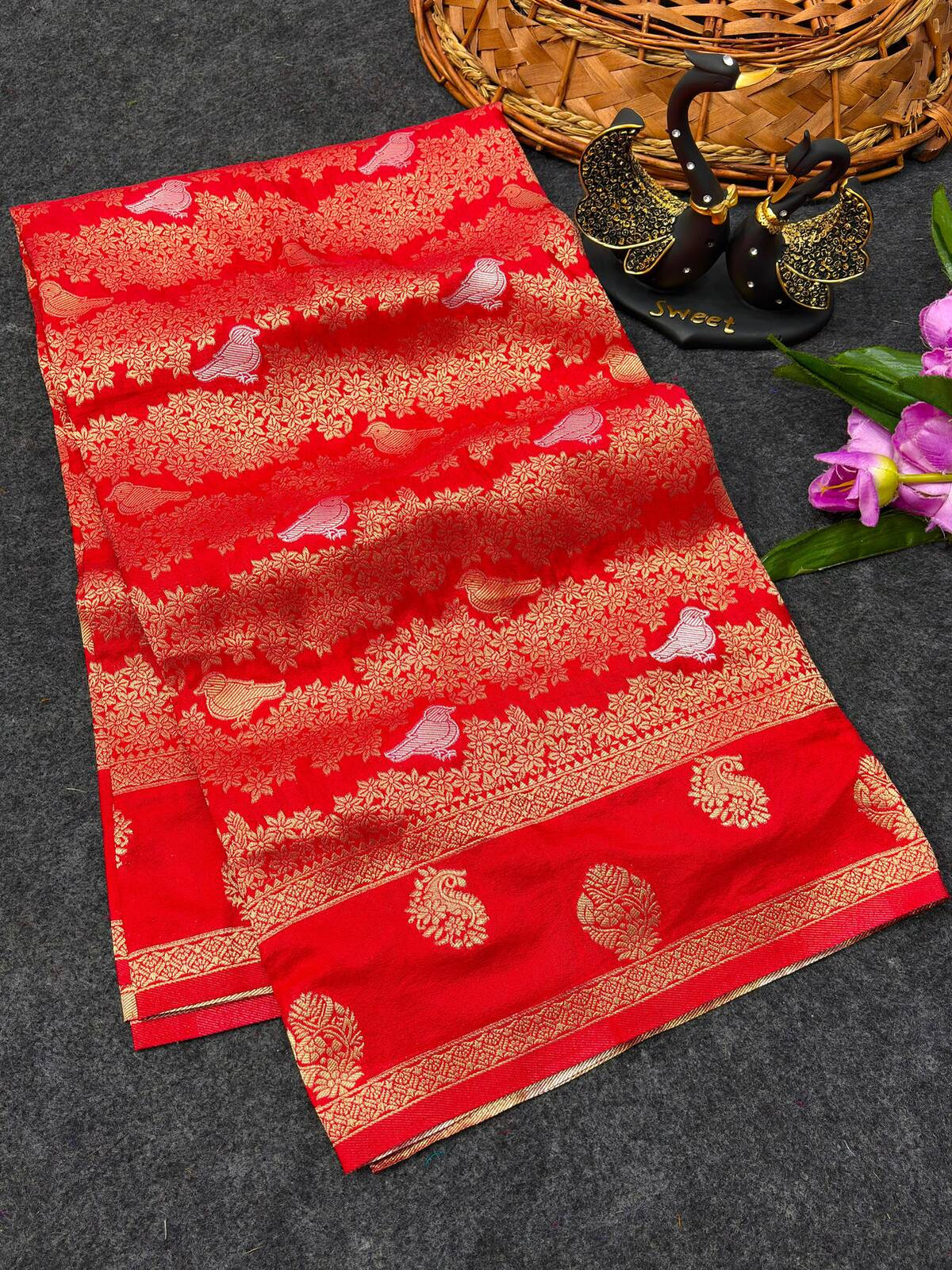 Improbable Red Khadi Georgette Banarasi Silk Saree With Preferable Blouse Piece