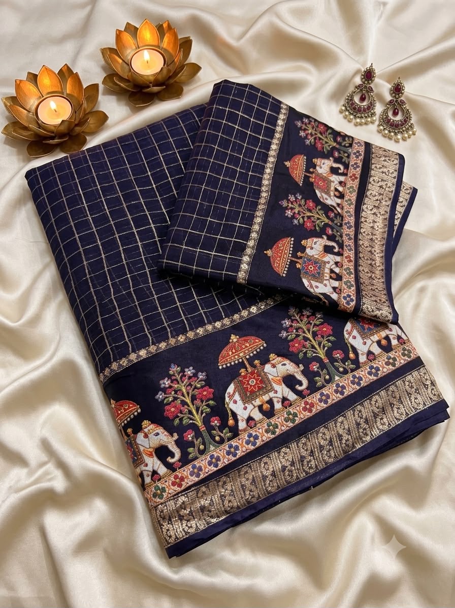 Jubilant Navy Blue Banarasi Viscose Silk Saree With Denouement Blouse Piece