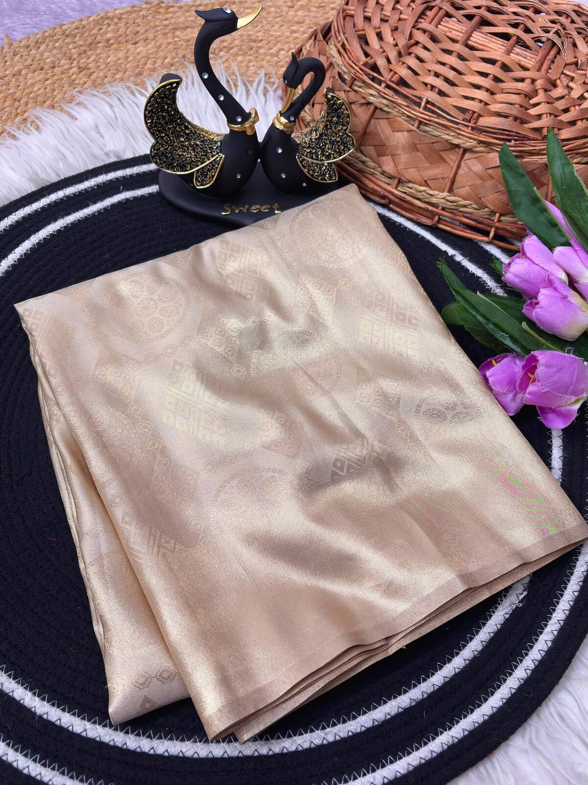 Ephemeral Beige Banarasi Tissue Silk Saree With Intricate Blouse Piece