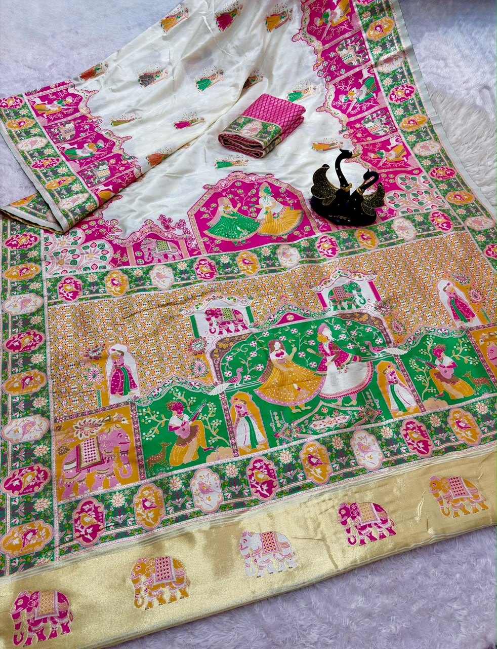 Adoring Beige Pashmina Saree With Designer Blouse Piece
