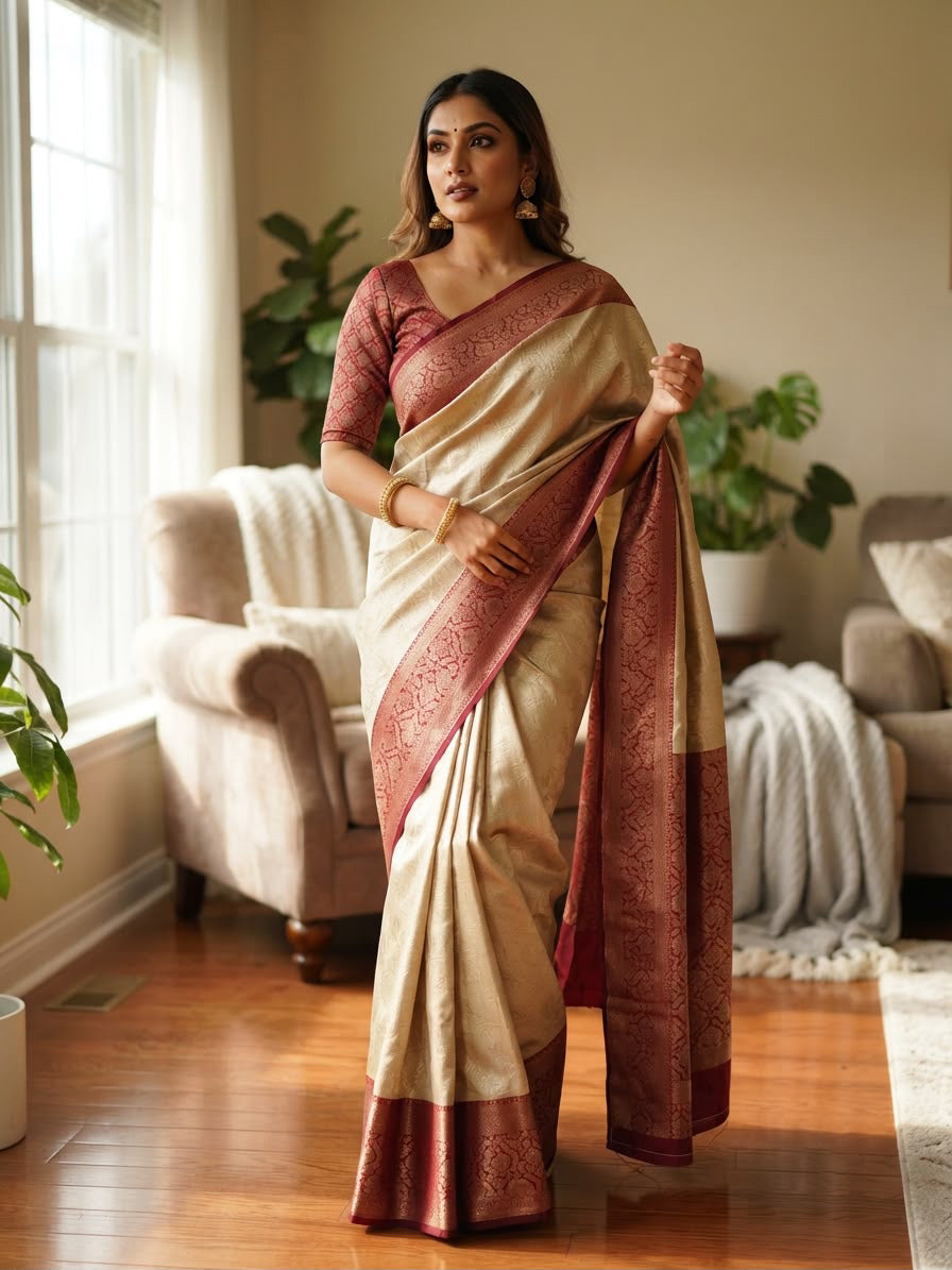 Elegant Beige Pure Banarasi Silk Saree With Snazzy Blouse Piece