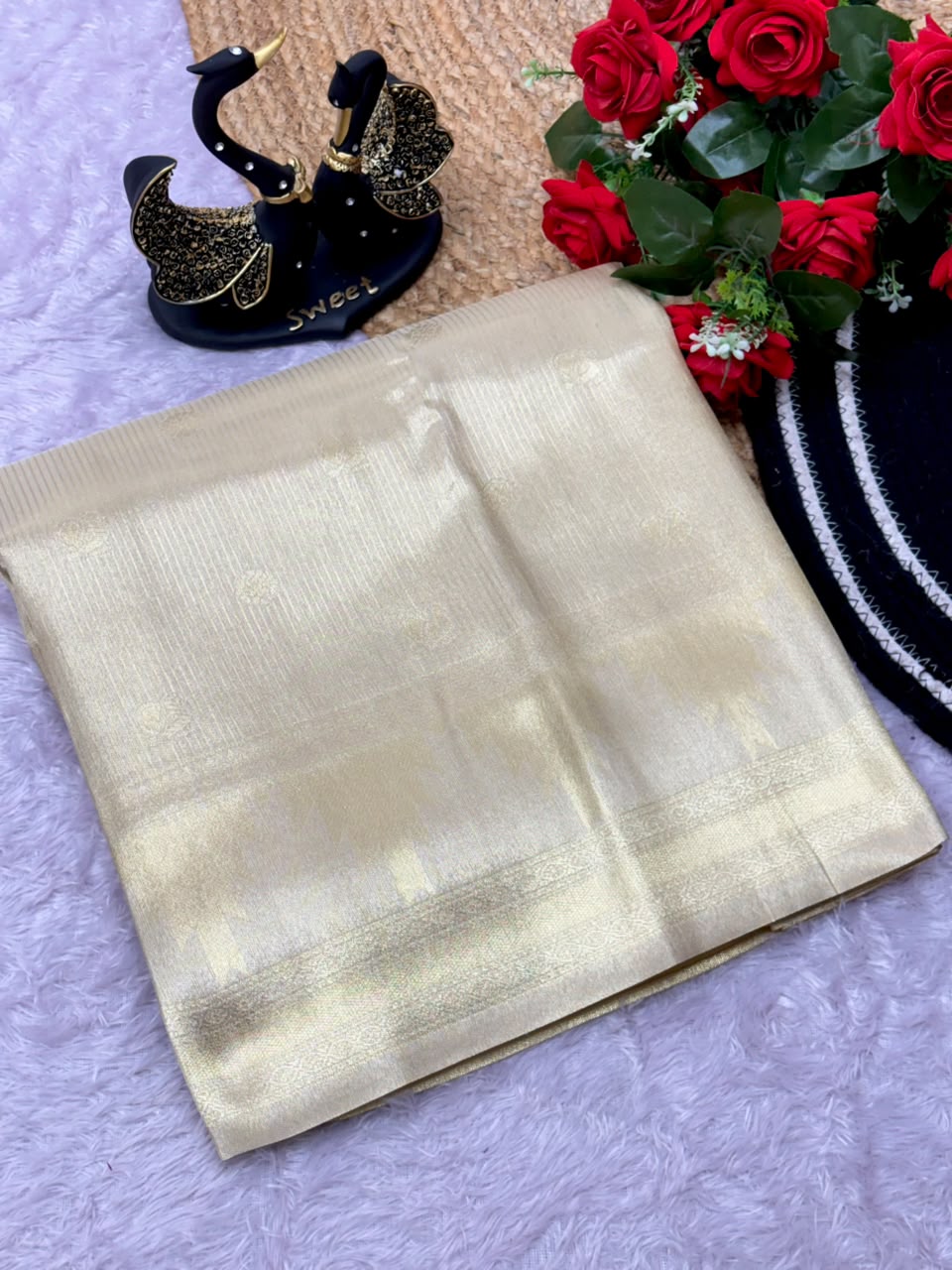 Smashing Beige Banarasi Tissue Silk Saree With Winsome Blouse Piece