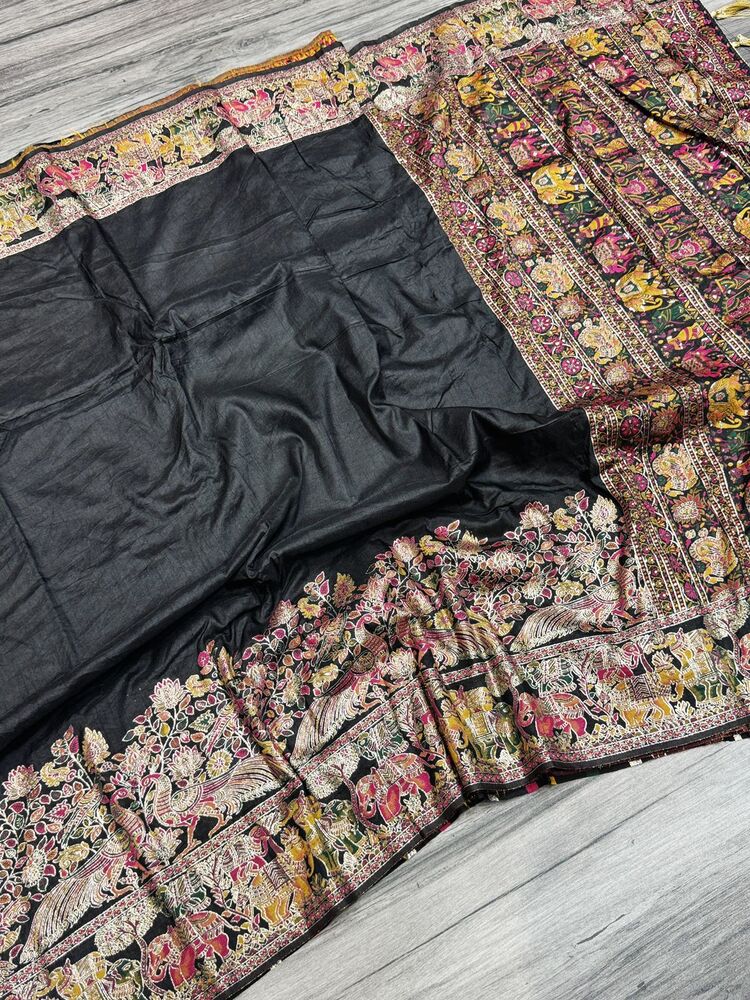 Bucolic Black Pashmina Saree With Exquisite Blouse Piece