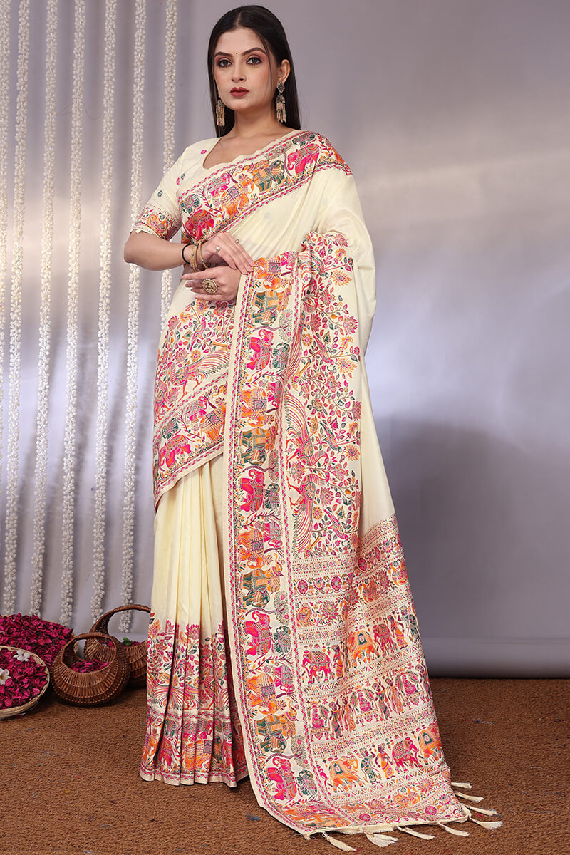 Gossamer Beige Pashmina Saree With Stylish Blouse Piece