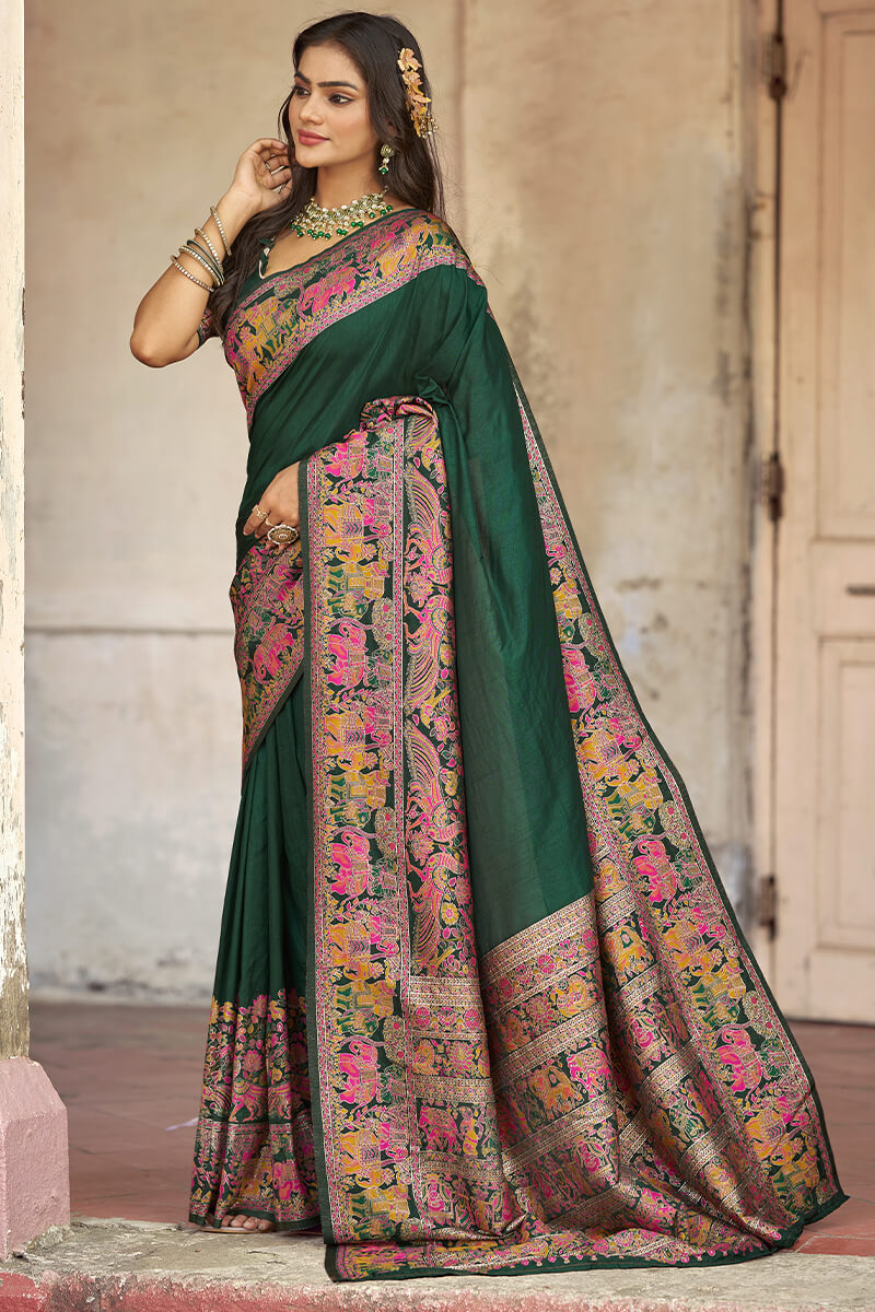 Flattering Dark Green Pashmina Saree With Mellifluous Blouse Piece