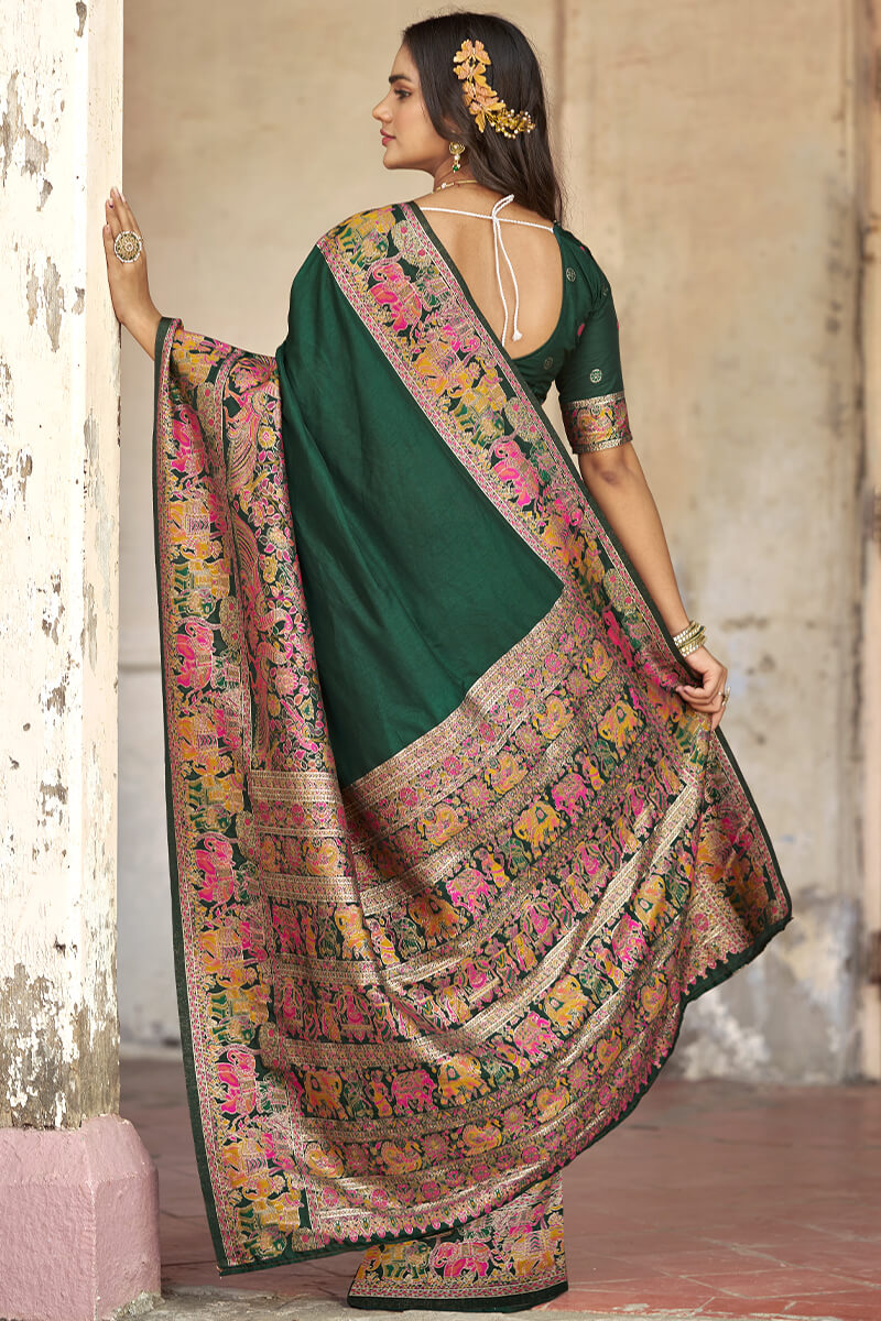 Flattering Dark Green Pashmina Saree With Mellifluous Blouse Piece