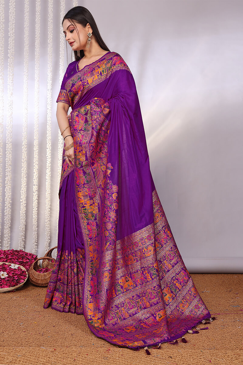 Pretty Purple Pashmina Saree With Nebula Blouse Piece