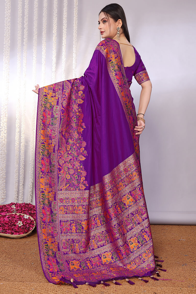 Pretty Purple Pashmina Saree With Nebula Blouse Piece