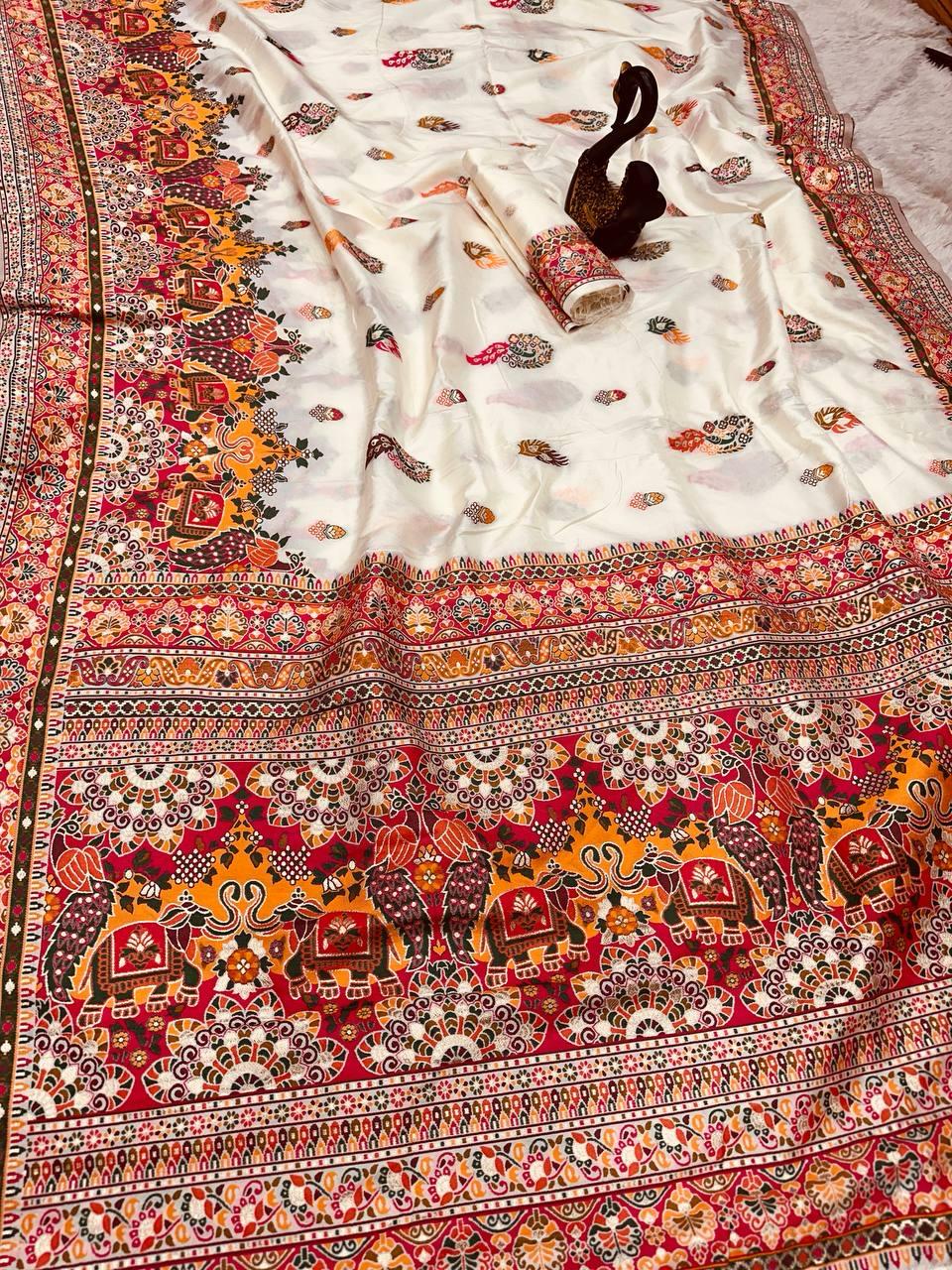 Glamorous Beige Pashmina Saree With Pulsating Blouse Piece