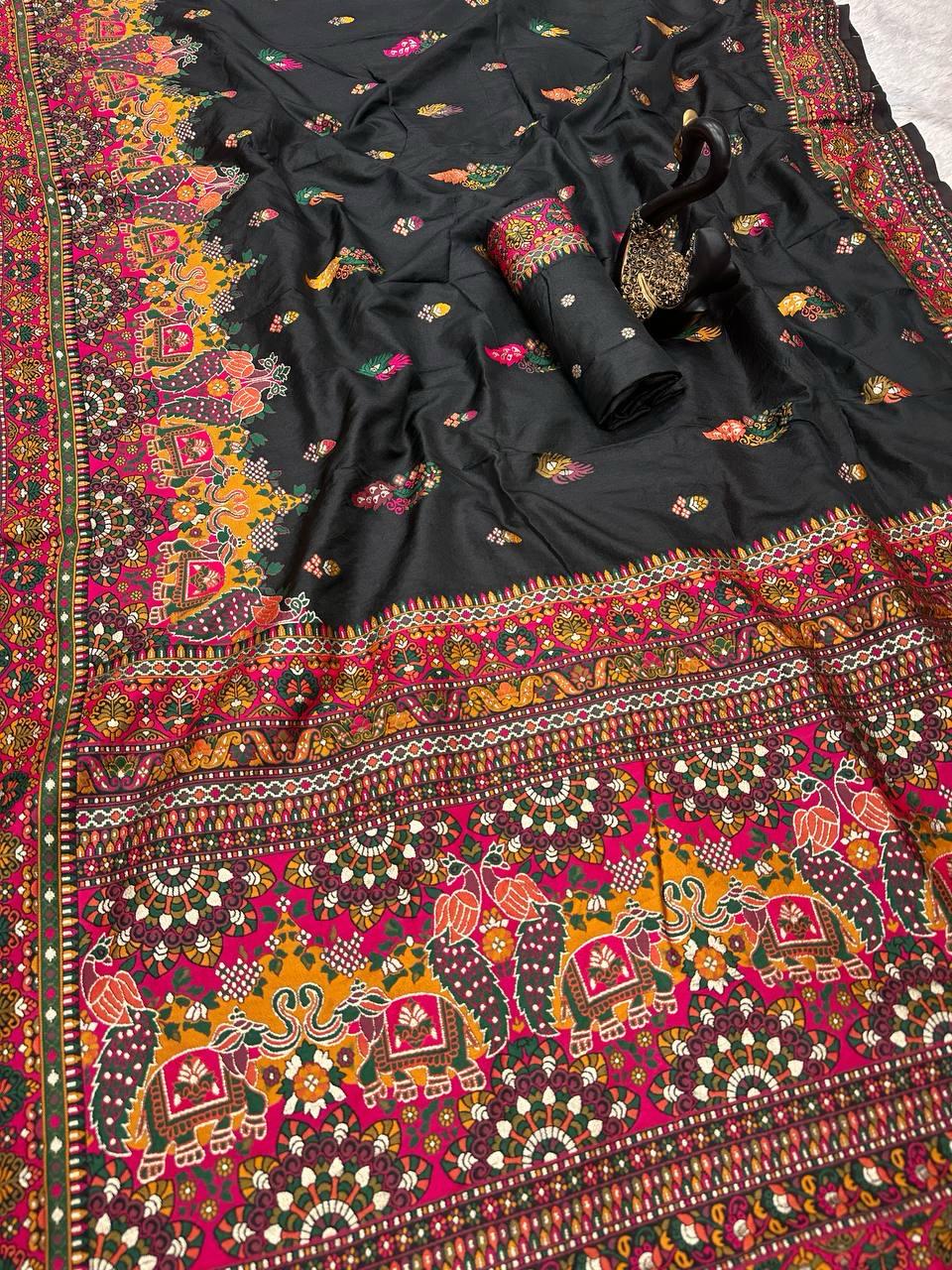 Adorning Black Pashmina Saree With Brood Blouse Piece