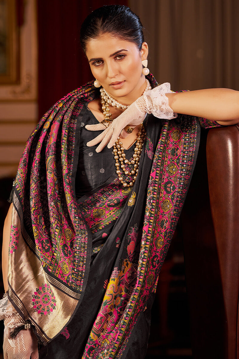 Eclat Black Pashmina Saree With Deserving Blouse Piece